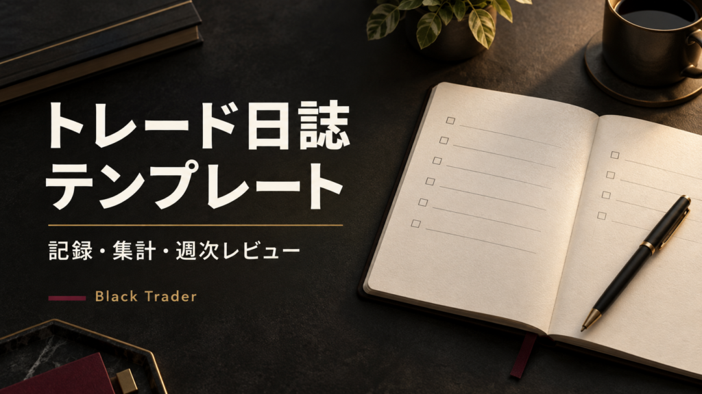 トレード日誌テンプレート。記録・集計・週次レビューを表すノートとペンの表紙。